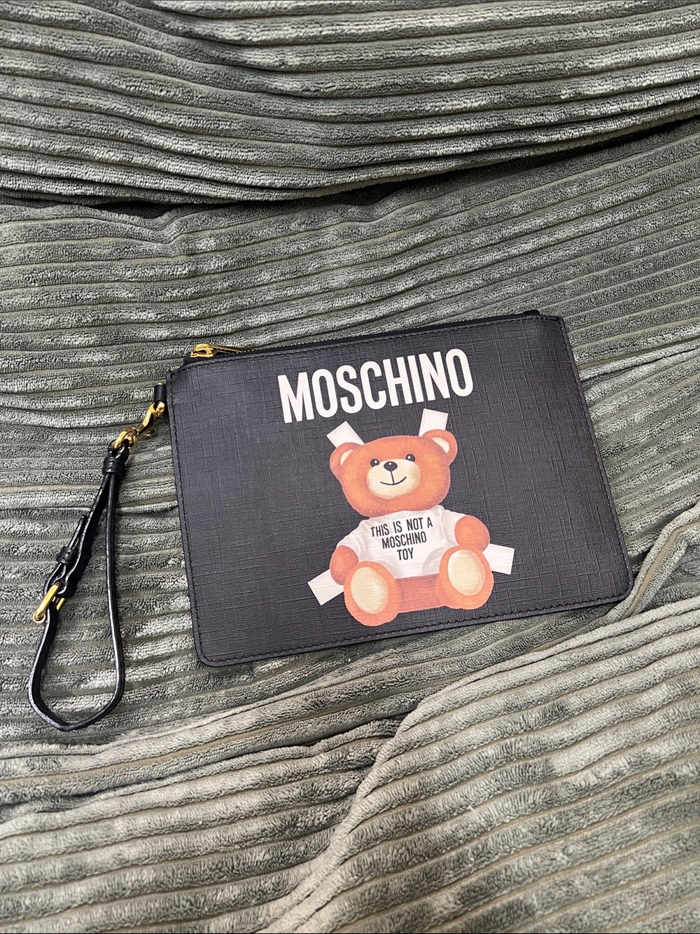 Moschino Black Teddy Graphic Zip Wristlet